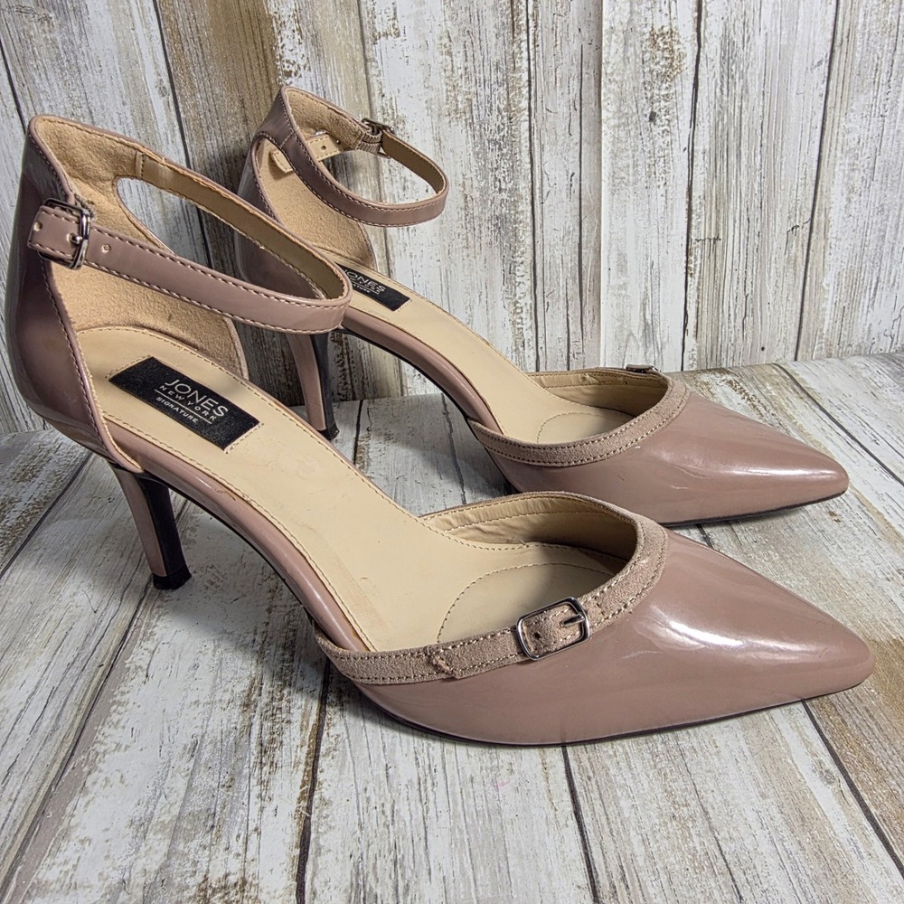 Jones New York Signature Womens Nude Patent Pointed Toe Ankle Strap Pumps Heels - Picture 7 of 11